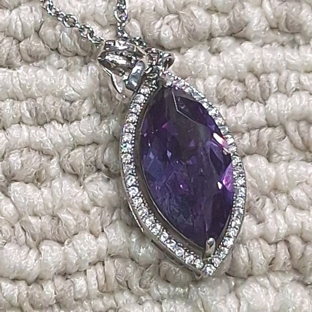 Purple Marquise Cut Crystal Rhinestone Silver Tone Pendant Chain Necklace Women